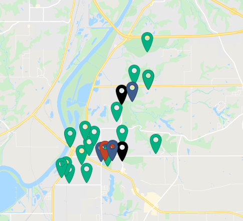 Pekin park district map with pins at all of the park district locations